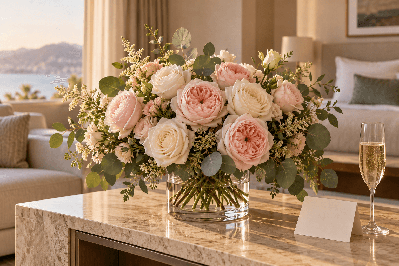 A bouquet of blush pink and ivory roses for a special surprise at your hotel